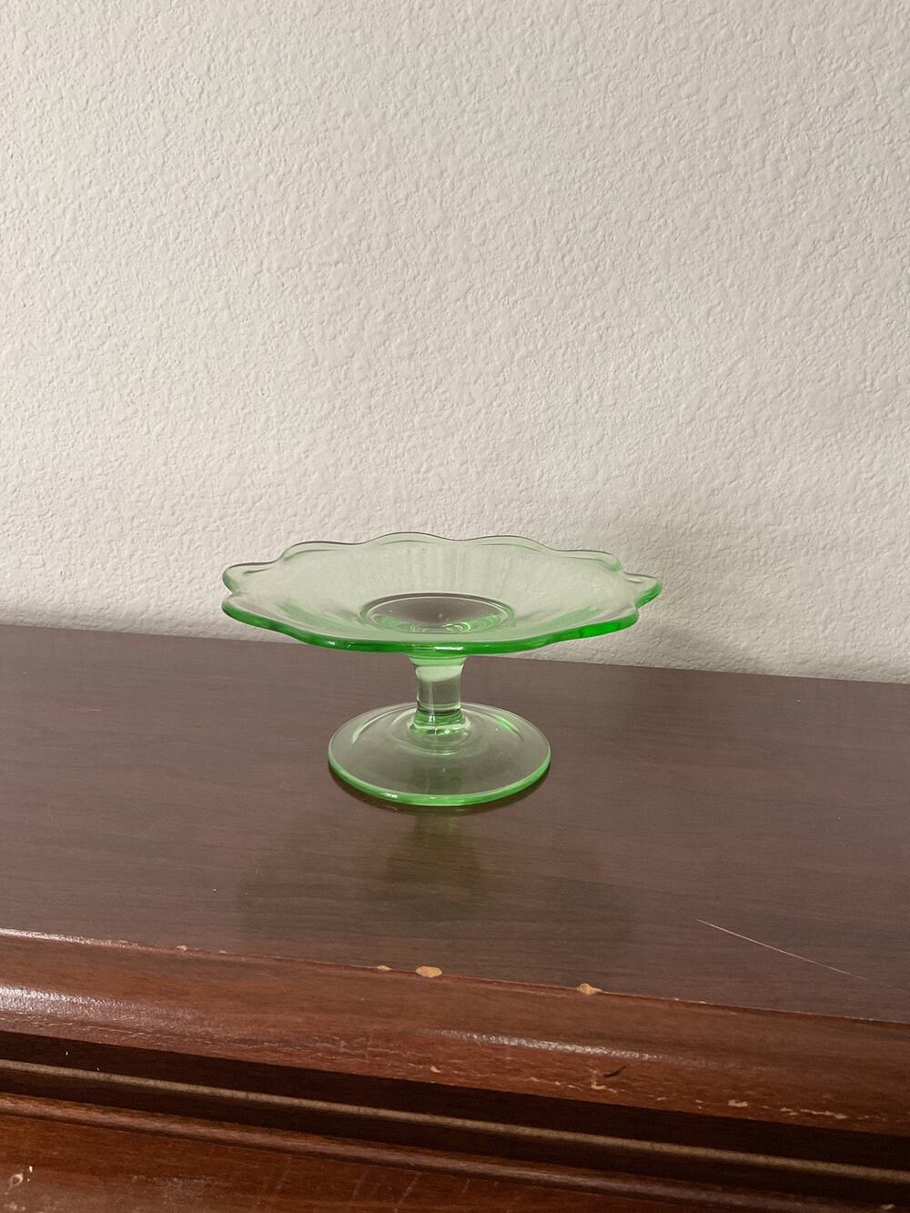 Vintage small green depression glass dessert cheese pedestal stand